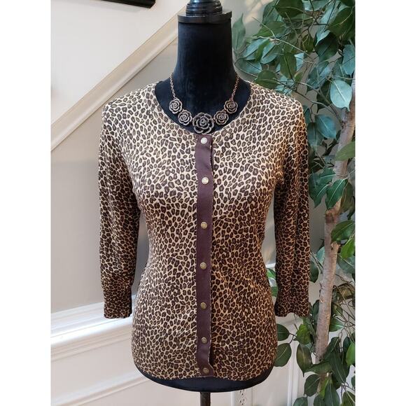 Michael Kors Cardigan Women P/S Brown Leopard Print Long Sleeve Button Front - Picture 1 of 11